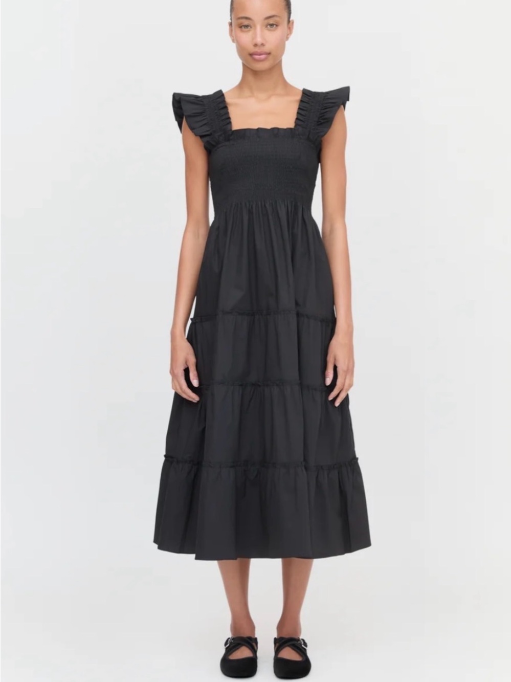Hill House Ellie nap dress Black Smocked Tiered Midi Dress with Ruffled Straps
